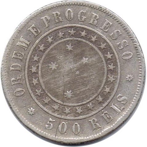 Moneda de plata 500 Reis Brasil 1889.