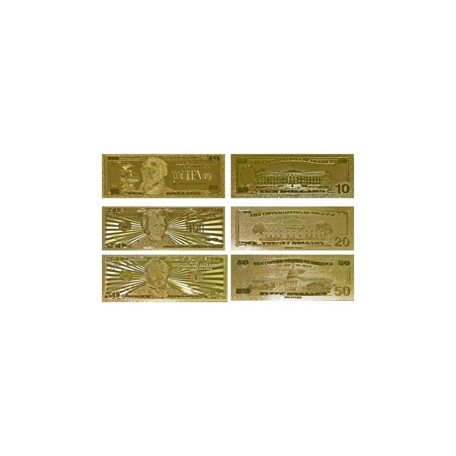 Colección 7 Billetes de Estados Unidos en oro de 24 kilates.