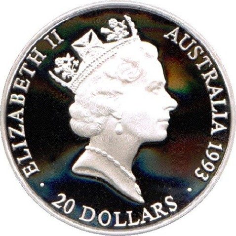 Moneda de plata 20 Dolares Australia 1993 Natación. Proof.