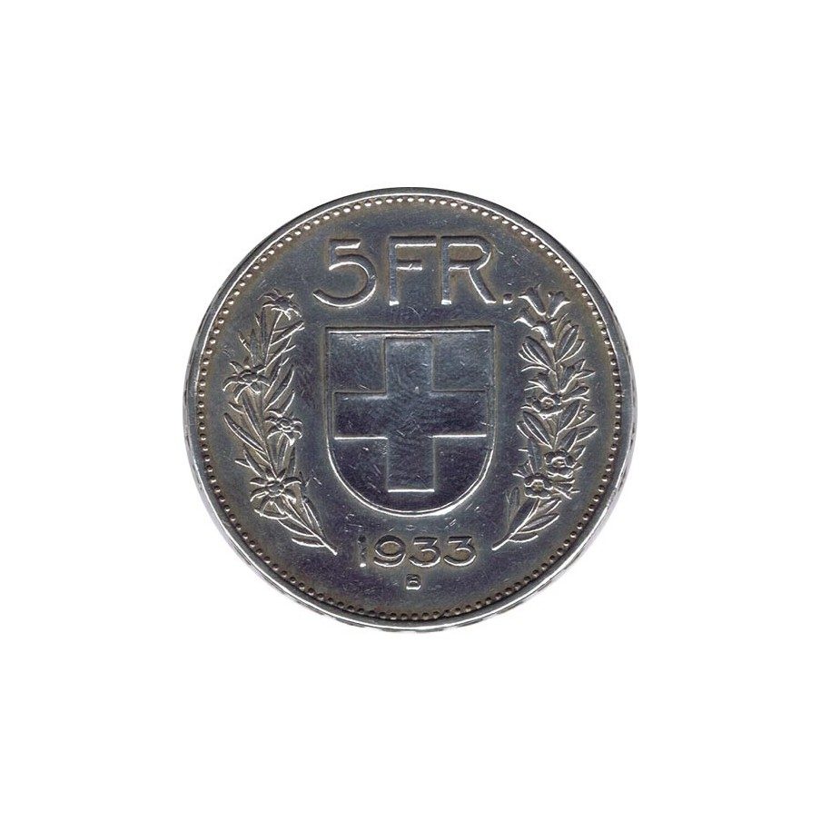Moneda de plata 5 francos Suiza 1933. Confederatio Helvetica.