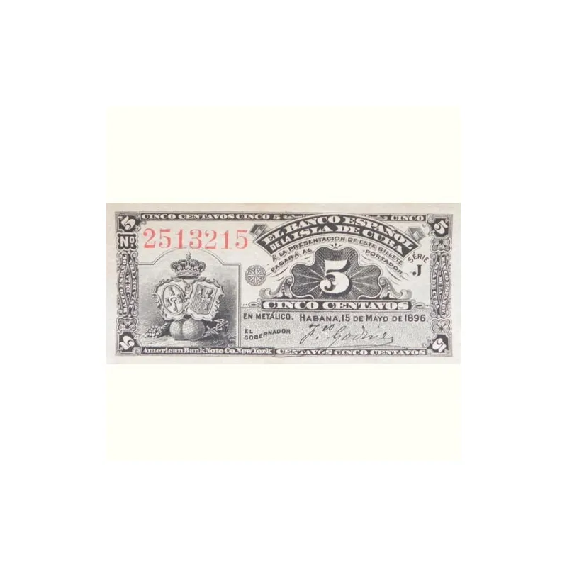 Cuba 5 Centavos 1896 Banco Español Isla de Cuba. SC.