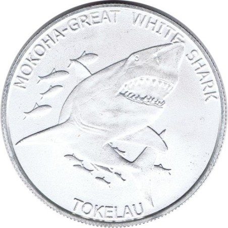Moneda onza de plata 5$ Tokelau. Tiburón Blanco 2015.