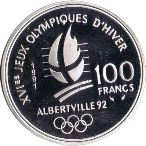 Moneda de plata 100 Francos Francia 1991 Albertville'92 Ski.