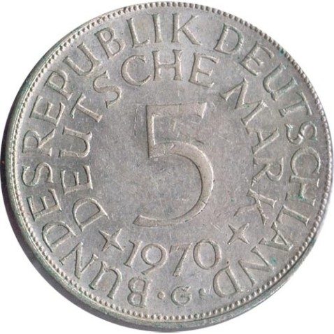 Moneda de Plata 5 Marcos Alemania 1970 G.