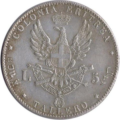 Moneda de plata 5 Liras Eritrea 1891 Tallero. Reproducción.