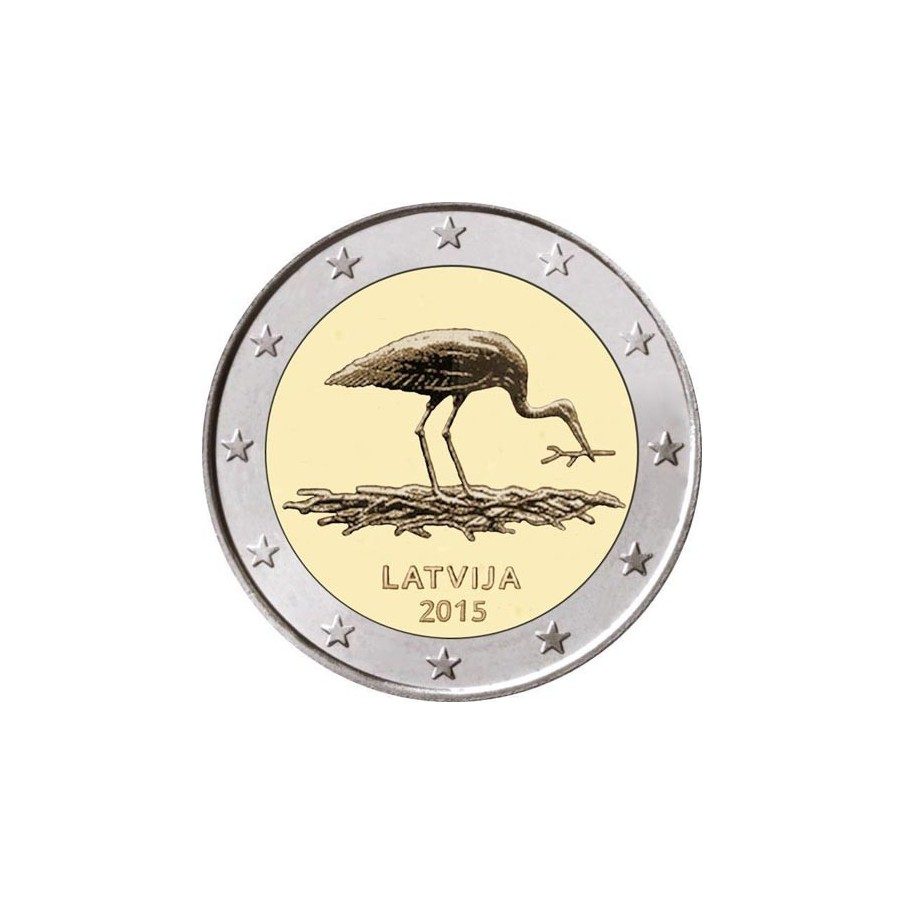 moneda conmemorativa 2 euros Letonia 2015 Cigüeña Negra.