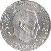 Moneda de plata 10 Kroner Dinamarca 1972 Margrethe II.