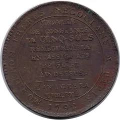 Medalla de confianza 5 Sols. Francia 1792. Bronce.