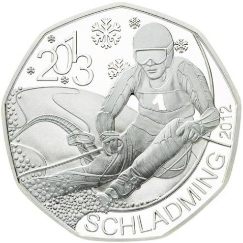 moneda Austria 5 Euros 2012 (nueve esquinas) Esqui 2013. Plata.