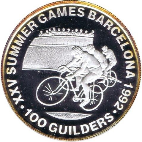 Moneda de plata 100 Guilders Suriname 1992 Ciclismo Barcelona 92