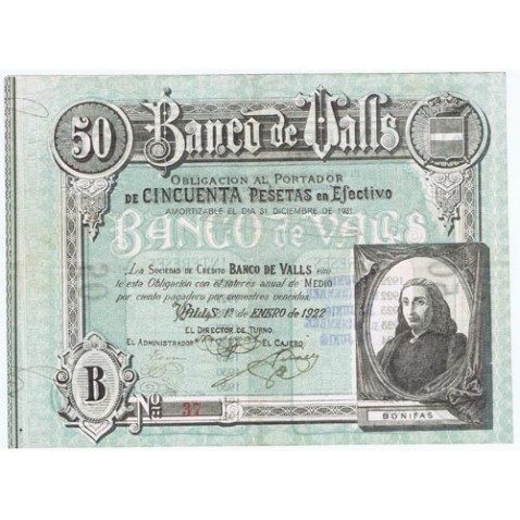 Banco de Valls 50 pesetas 1922. Serie B 37.