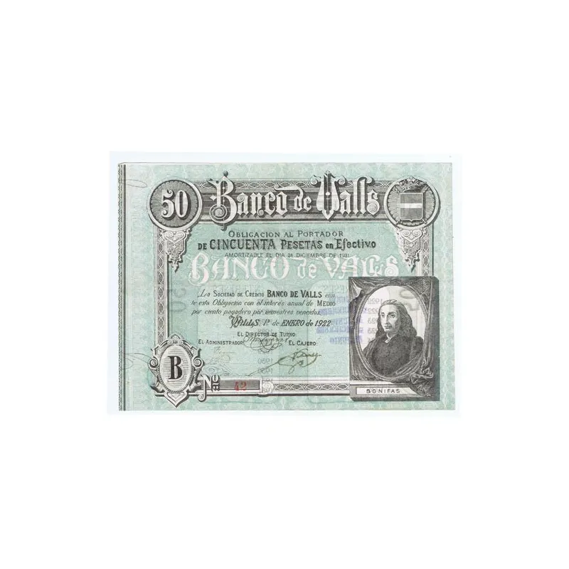 Banco de Valls 50 pesetas 1922. Serie B 42.