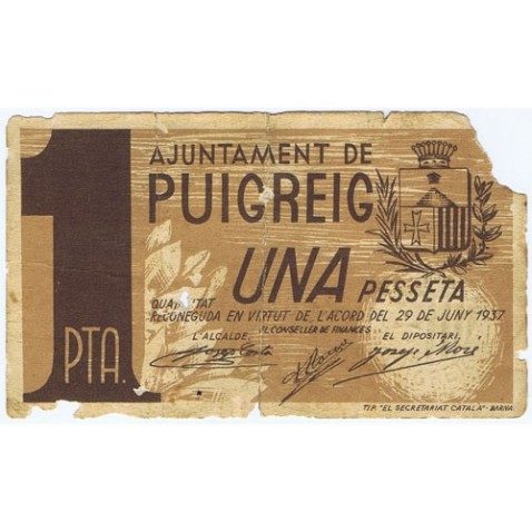 (1937/06/29) 1 Pesseta Ajuntament de Puigreig.