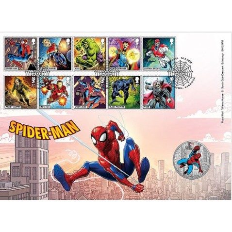 Comics Gran Bretaña 2019 Marvel. Sobre Spiderman con medalla.