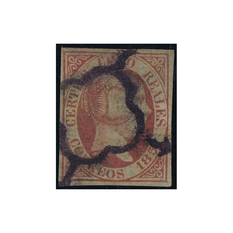 Sello de España nº 09 Isabel II. 5 Reales rosa. Matasellos Araña