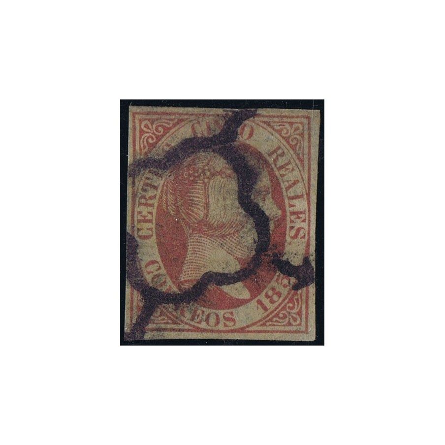 Sello de España nº 09 Isabel II. 5 Reales rosa. Matasellos Araña