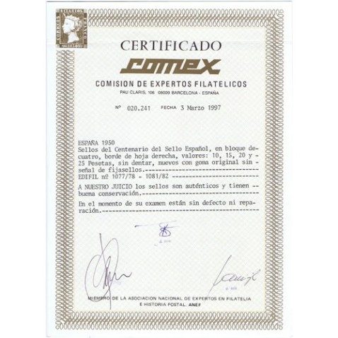 1075/82 Centenario Sello Español. Bloque 4. Certificado.
