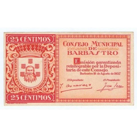 (1937) 25 centimos Consejo Municipal de Barbastro. SC