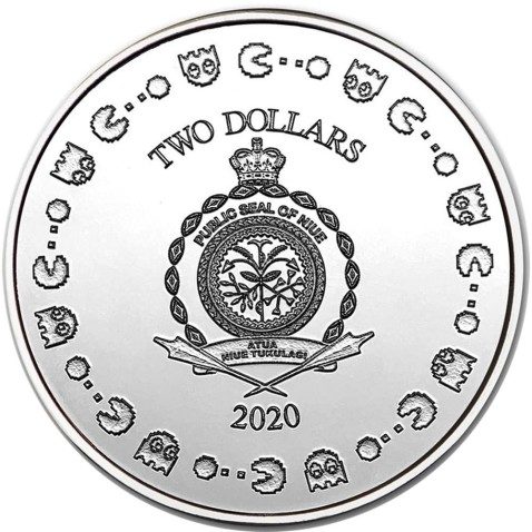 Moneda onza de plata 2$ Niue Pac Man Come Cocos 2020.