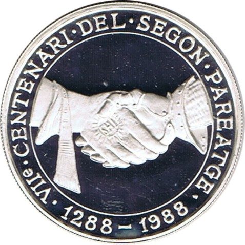 Moneda de plata 25 Diners Andorra 1988 Segon Pareatge. Suelta.