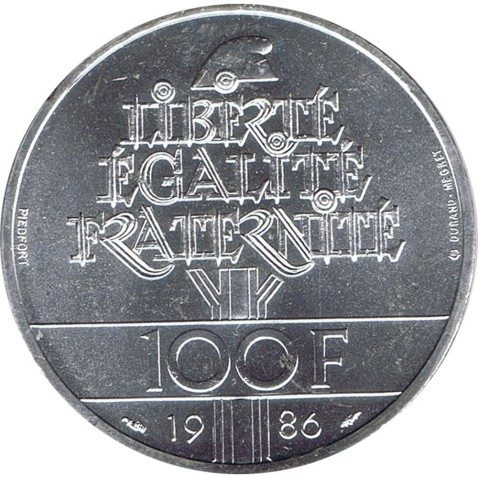 Moneda de plata 100 Francos Francia 1986 Liberté. Piedfort.