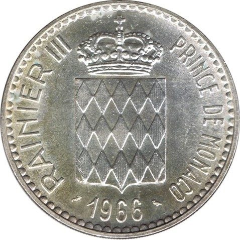 Moneda de plata 10 Francs Mónaco Charles III 1966.