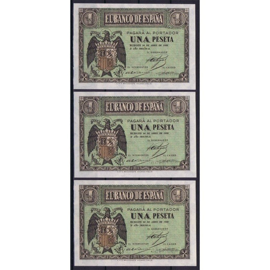 (1938/02/28) Burgos. 1 Peseta. SC. 3 billetes correlativos.