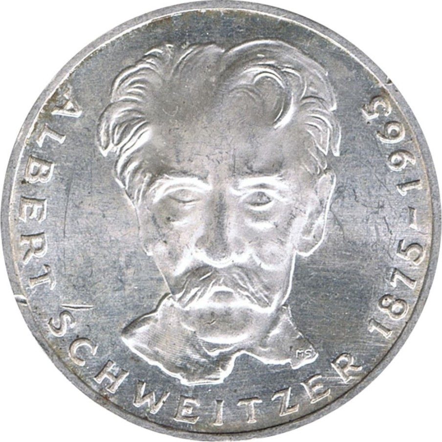 Moneda de Plata 5 Marcos Alemania 1975 Albert Schweitzer.