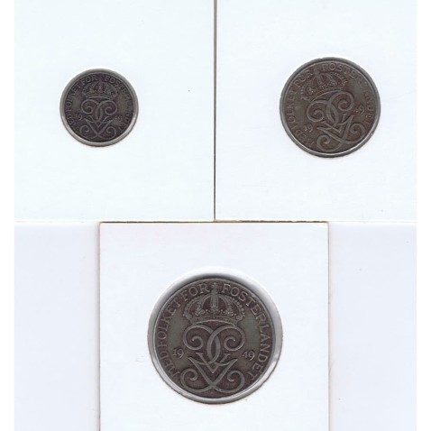 Suecia monedas de 1, 2 y 5 ore 1949 Gustavo V. Bronce.