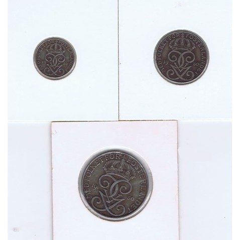 Suecia monedas de 1, 2 y 5 ore 1950 Gustavo V. Bronce.