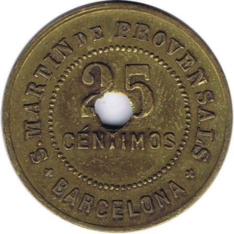 Moneda 25 Céntimos San Martin de Provensals 1907. Barcelona.