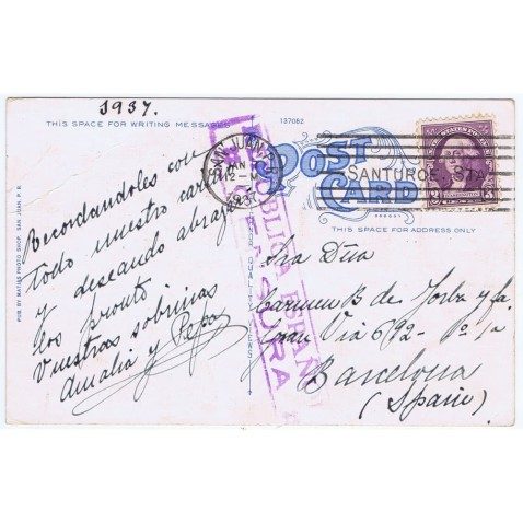 1937 Postal San Juan de Puerto Rico a Barcelona. Censura.