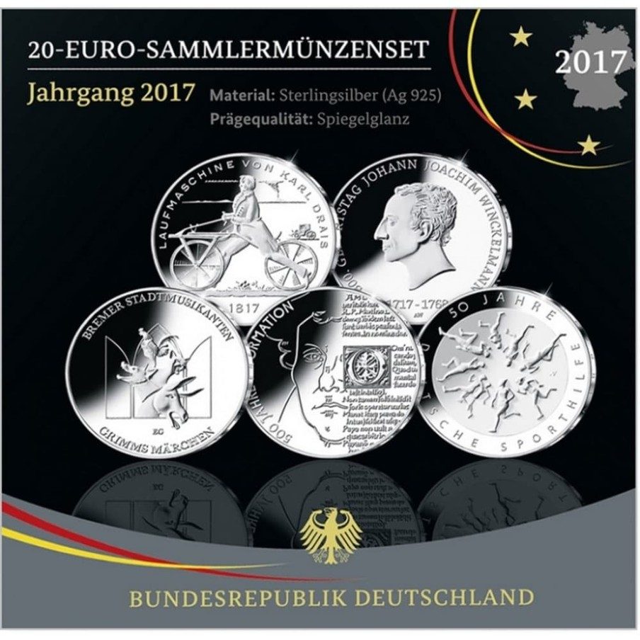 Euroset Alemania 20 Euros 2017. 5 monedas Plata Proof.