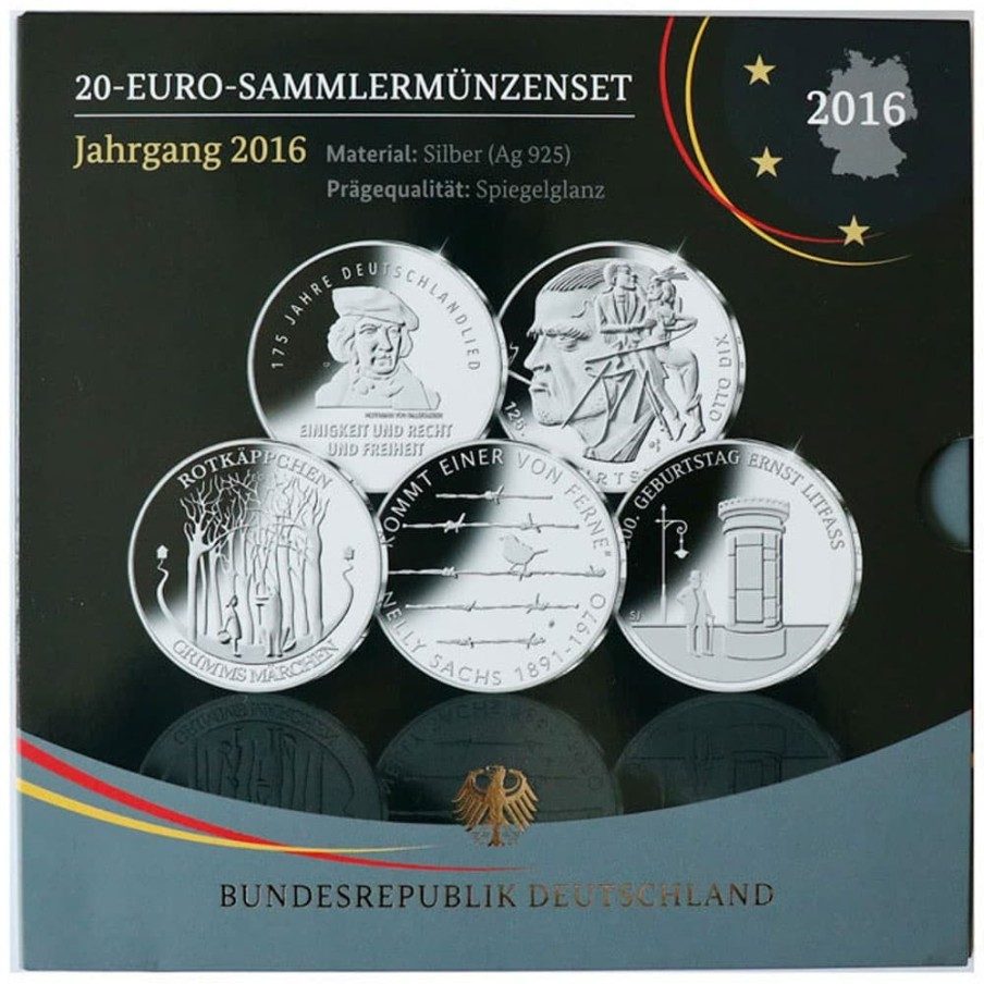 Euroset Alemania 20 Euros 2016. 5 monedas Plata Proof.