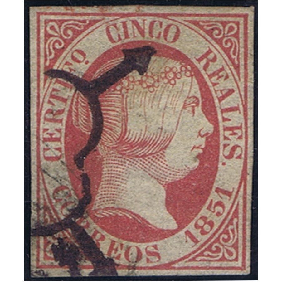 Sello de España nº 09 Isabel II. 5 Reales rosa. Matasellos