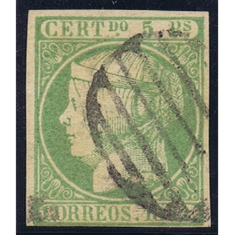 Sello de España nº015 Isabel II. 5 Reales Verde. Matasellos