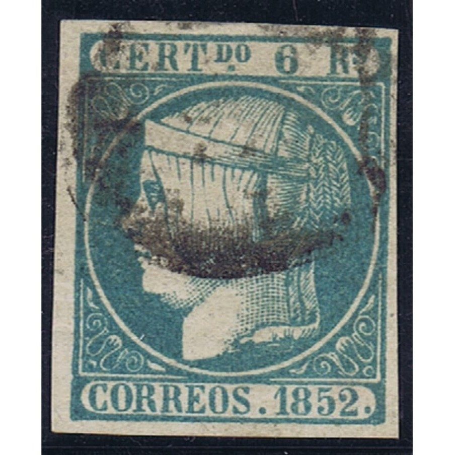 Sello de España nº016 Isabel II. 6 Reales Azul. Matasellos