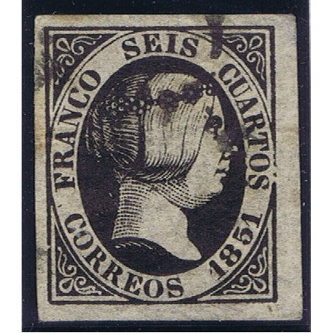 Sello de España nº 06 Isabel II. 6 cuartos negro. Matasellos.