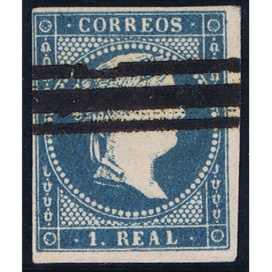 Sello de España nº049 Isabel II. 1 Real Azul. Matasellos