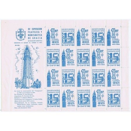 Hoja 20 Viñetas Exposición Filatélica de Gracia 1964. Azul.