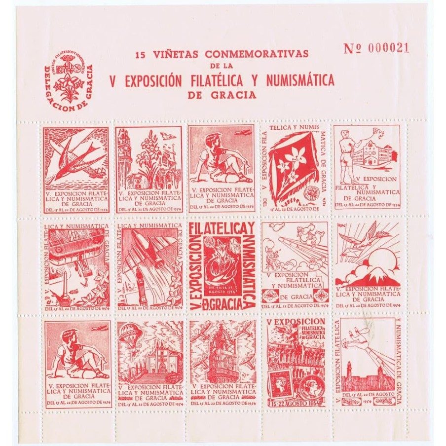Hojas Viñetas Exposición Filatélica de Gracia. Barcelona 1954.