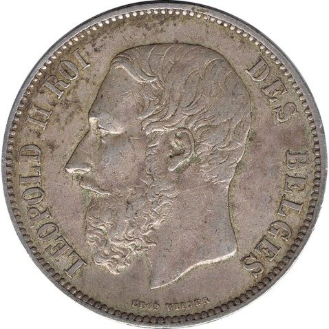 Moneda de plata 5 Francs Belgica 1873 Leopold II.