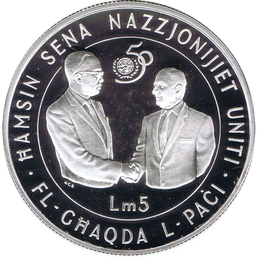 Moneda de plata 5 Liras Malta 1995 50 Años ONU.