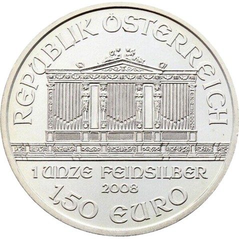 Moneda onza de plata 1,5 euros Austria Filarmónica 2008.