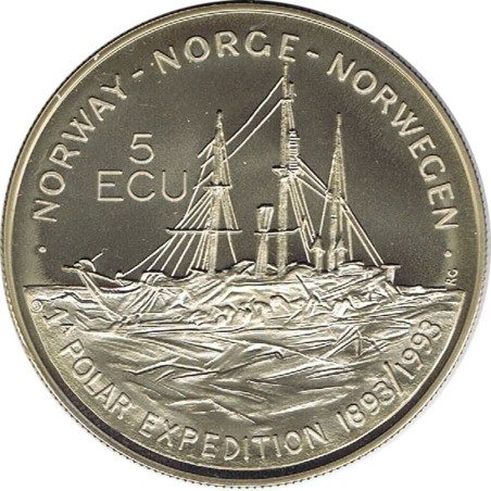 Moneda 5 Ecu Noruega 1993 Barco Exploración Polar. Cuproníquel.