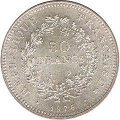 Moneda de plata 50 francos Francia 1976.