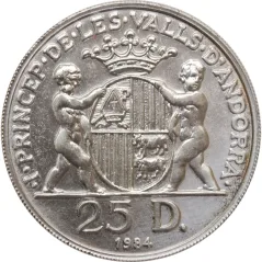 Moneda de plata 25 Diners Andorra 1984 Bisbe d'Urgell.  - 2
