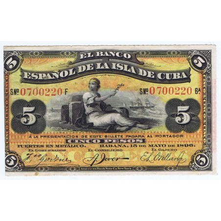 Cuba 5 Pesos 1896 Banco Español Isla de Cuba. SC