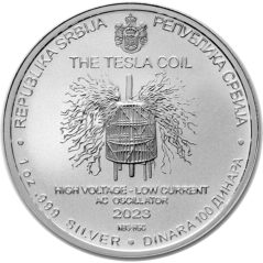 Moneda onza de Plata 100 Dinares Serbia 2023. Nikola Tesla.