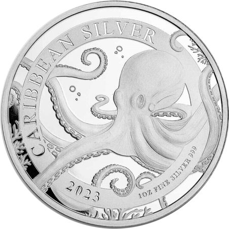 Moneda onza de Plata 1 Dollar Barbados 2023. Pulpo.